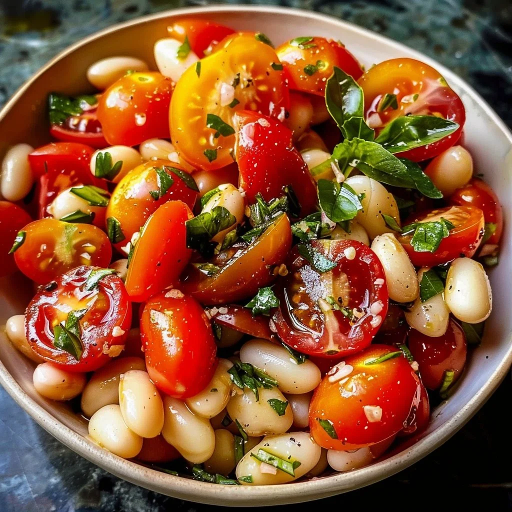 Tangy cherry tomato and white bean salad served in a bowl