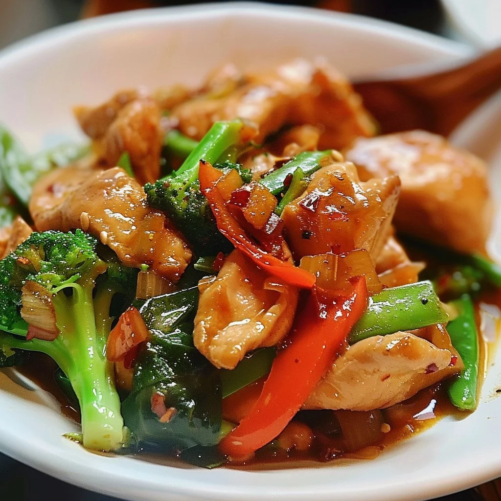 Delicious Thai Chicken Stir Fry served in a colorful bowl with fresh vegetables