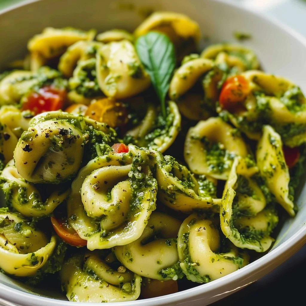 Colorful Tortellini Pesto Salad with fresh vegetables and herbs