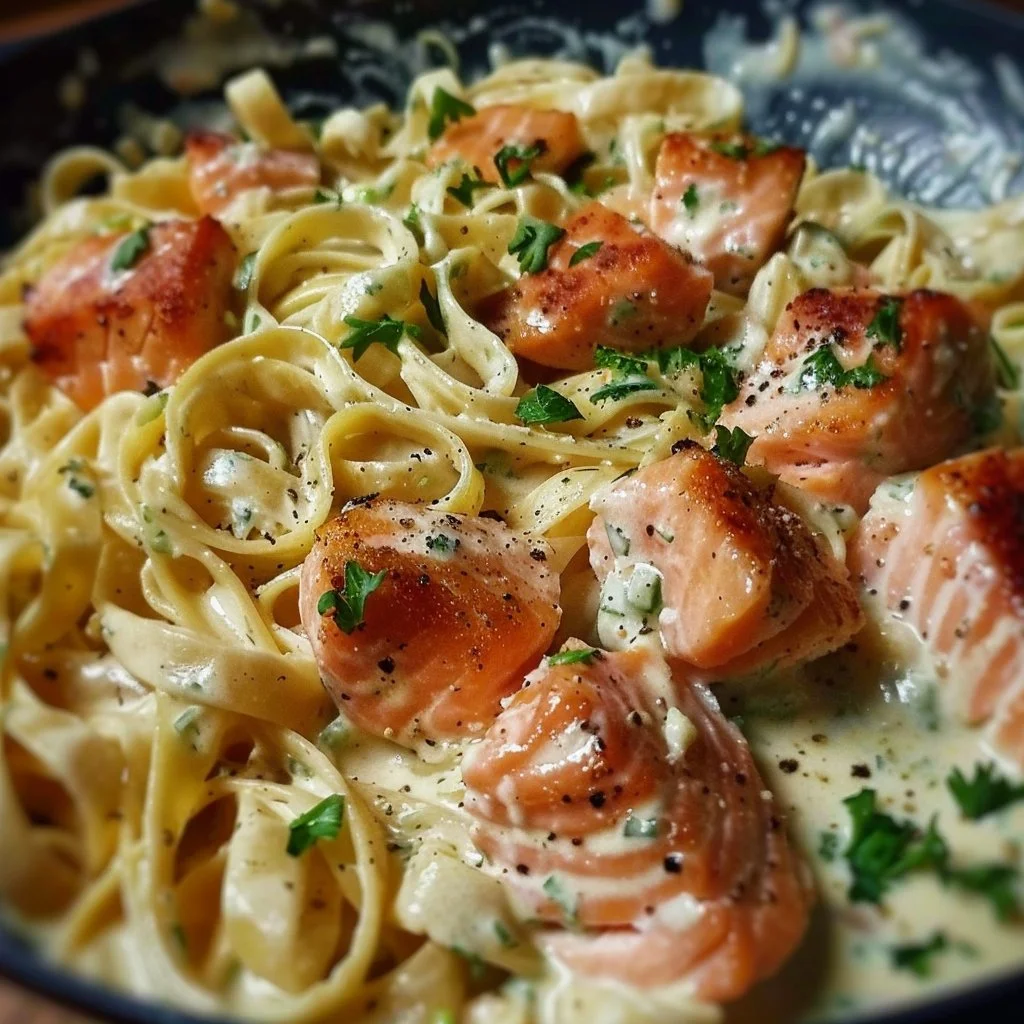 Delicious Tuscan Salmon Fettuccine Alfredo topped with fresh herbs and salmon