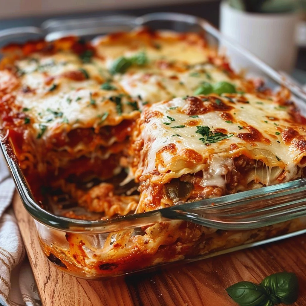 Delicious homemade Vegetable Lasagna with layers of fresh vegetables and cheese