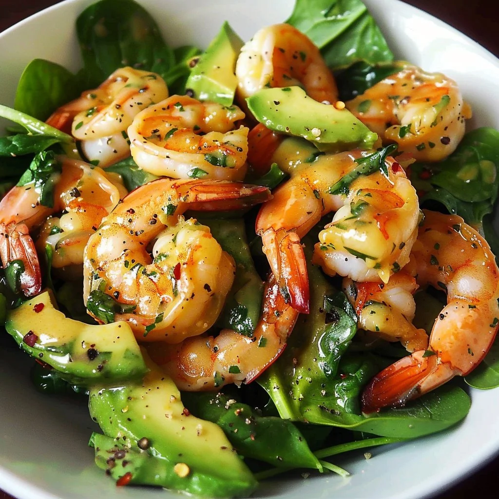 Avocado Ranch Shrimp & Spinach Salad with fresh ingredients