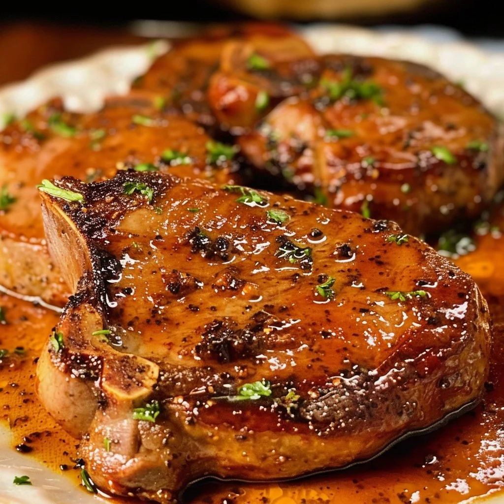Deliciously glazed Bourbon Pork Chops served on a plate