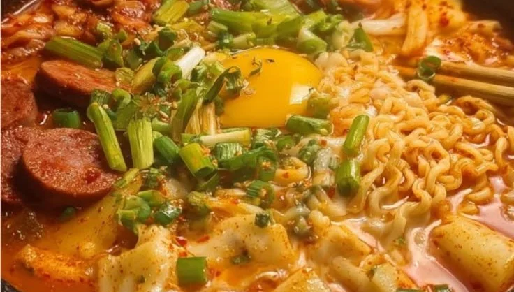 Budae Jjigae - savory Korean army stew with meat, vegetables, and noodles