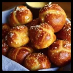Buttery soft pretzel bites ready to be served with dipping sauces