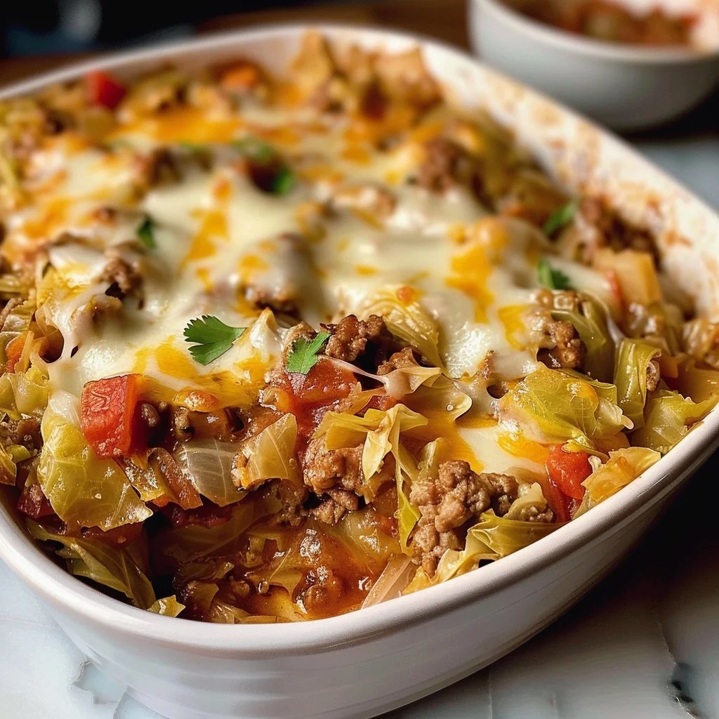 A hearty cabbage casserole topped with cheese and breadcrumbs, served in a baking dish.