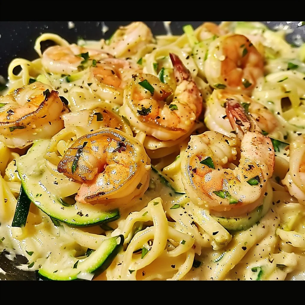 Delicious Cajun Zucchini Shrimp Alfredo dish garnished and ready to serve.