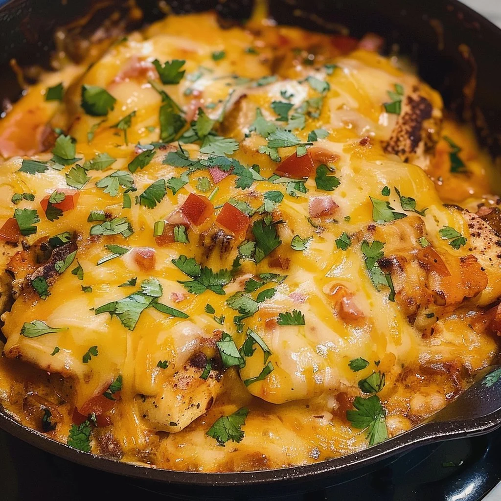 Cheesy Salsa Chicken Skillet in a frying pan with melted cheese and garnished.
