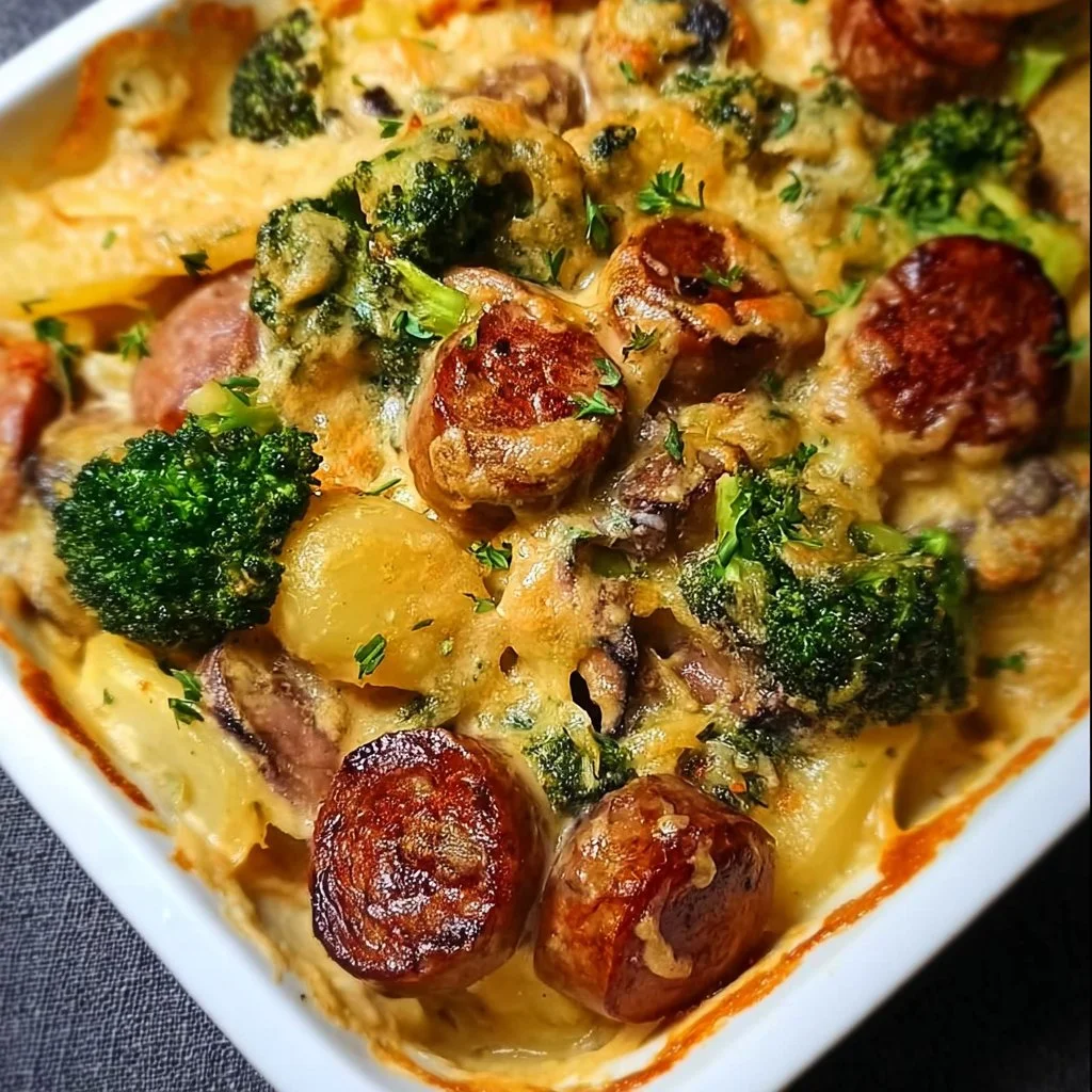 Cheesy sausage vegetable au gratin in a baking dish, topped with melted cheese.