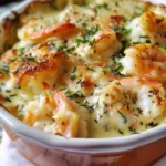 Delicious cheesy seafood gratin with shrimp and scallops baked to perfection