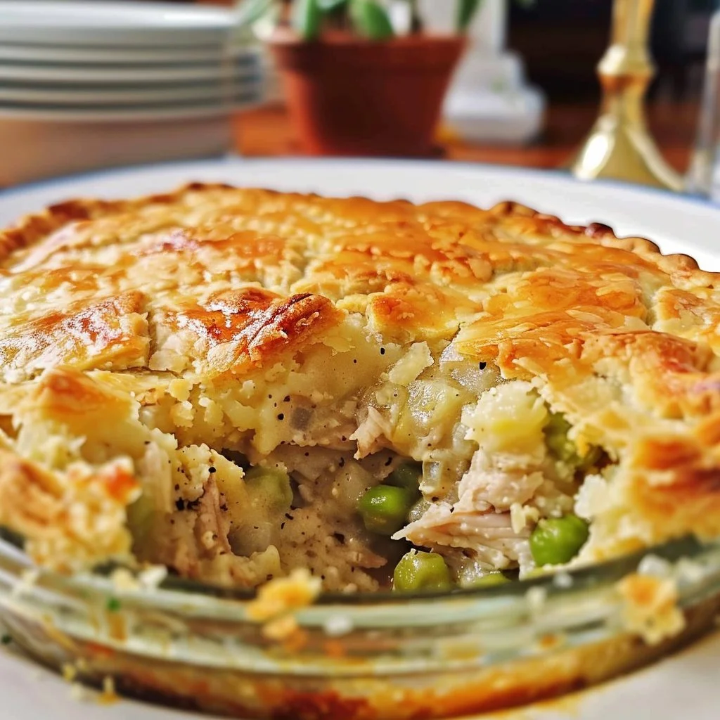 Delicious chicken pot pie with cheddar garlic crust served in a rustic dish