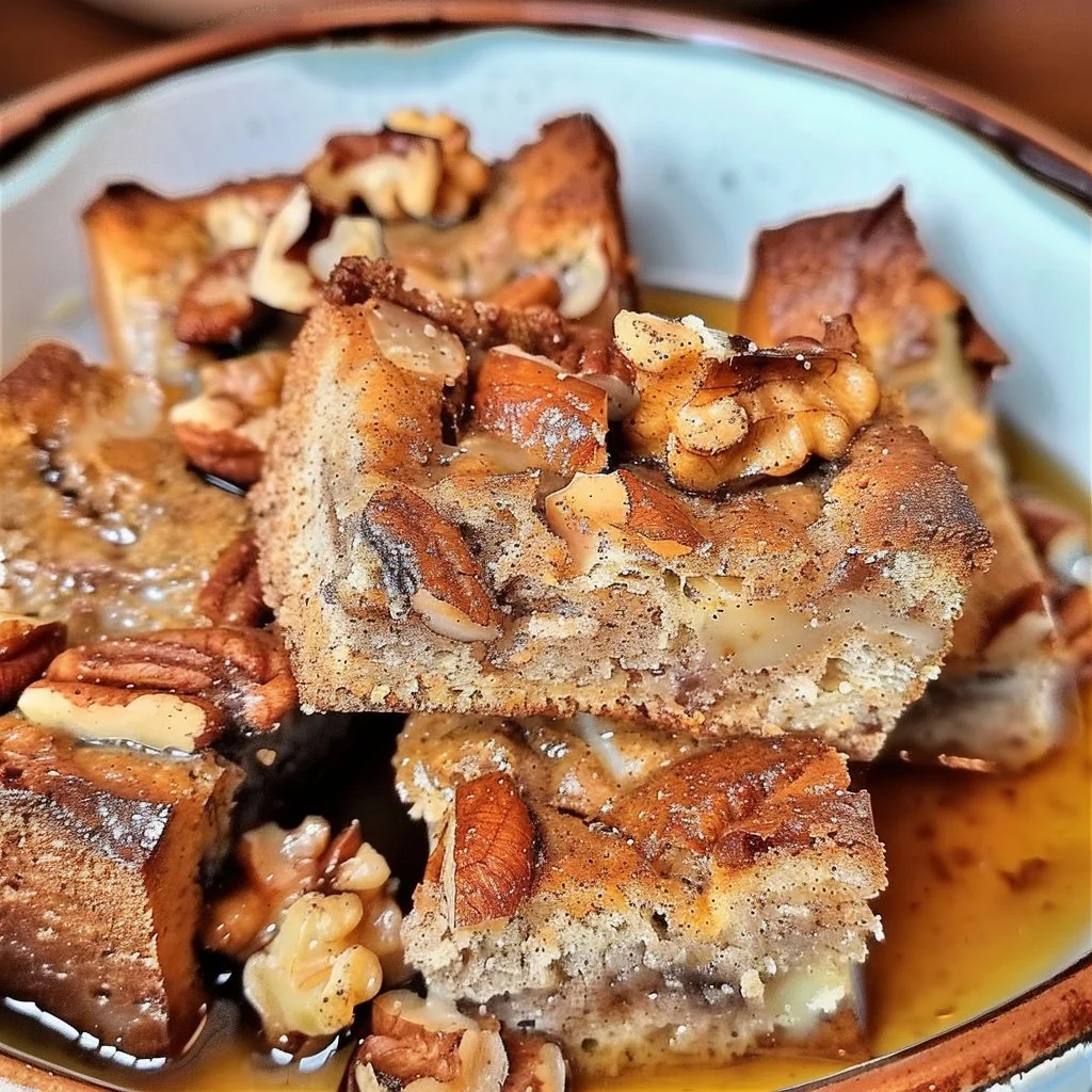Delicious Cinnamon Walnut Keto Bread Pudding dessert served in a bowl