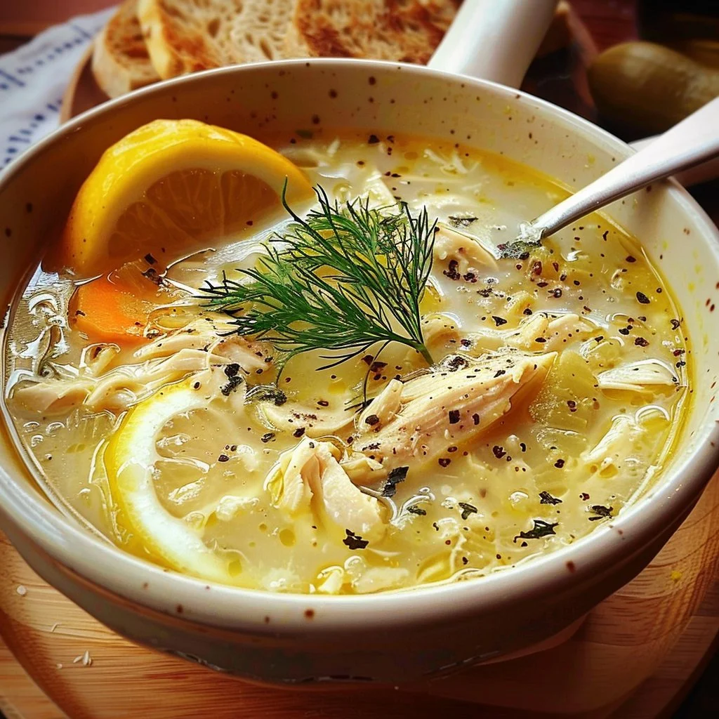 Bowl of classic Greek lemon chicken soup garnished with fresh herbs
