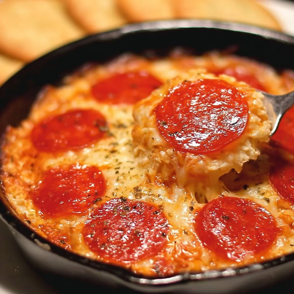 Cottage Cheese Pepperoni Pizza Dip served in a colorful bowl with crackers on the side.