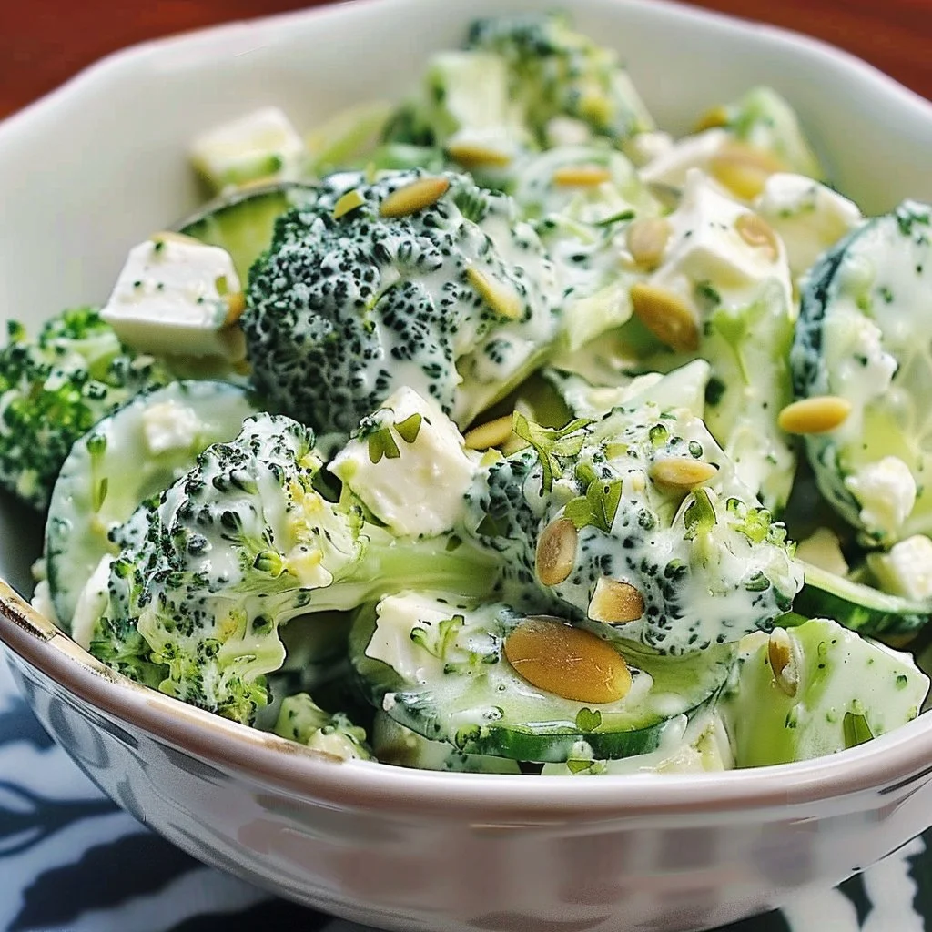 Creamy cucumber salad with broccoli and feta cheese served in a bowl
