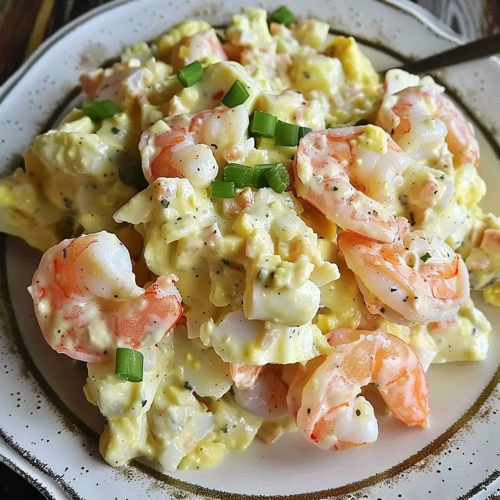 Creamy egg salad with shrimp in a bowl, perfect for sandwiches.