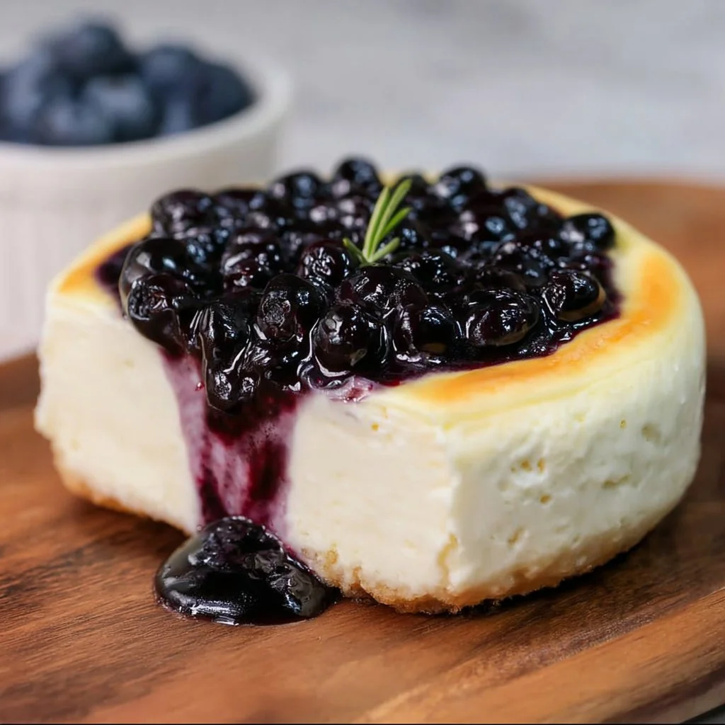 Creamy Greek yogurt blueberry cheesecake with fresh blueberries on top.