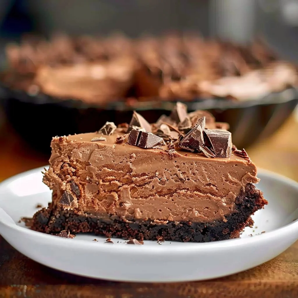 Decadent Death By Chocolate Cheesecake topped with chocolate shavings.