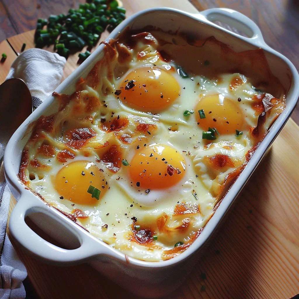 Delicious breakfast eggs au gratin topped with melted cheese and herbs