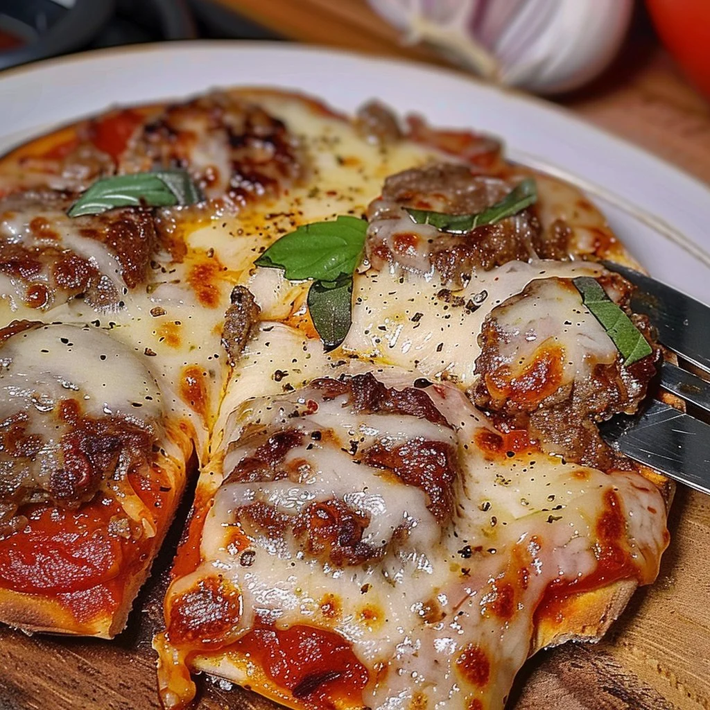 Delicious Easy Carnivore Keto Meatza recipe topped with cheese and meat.
