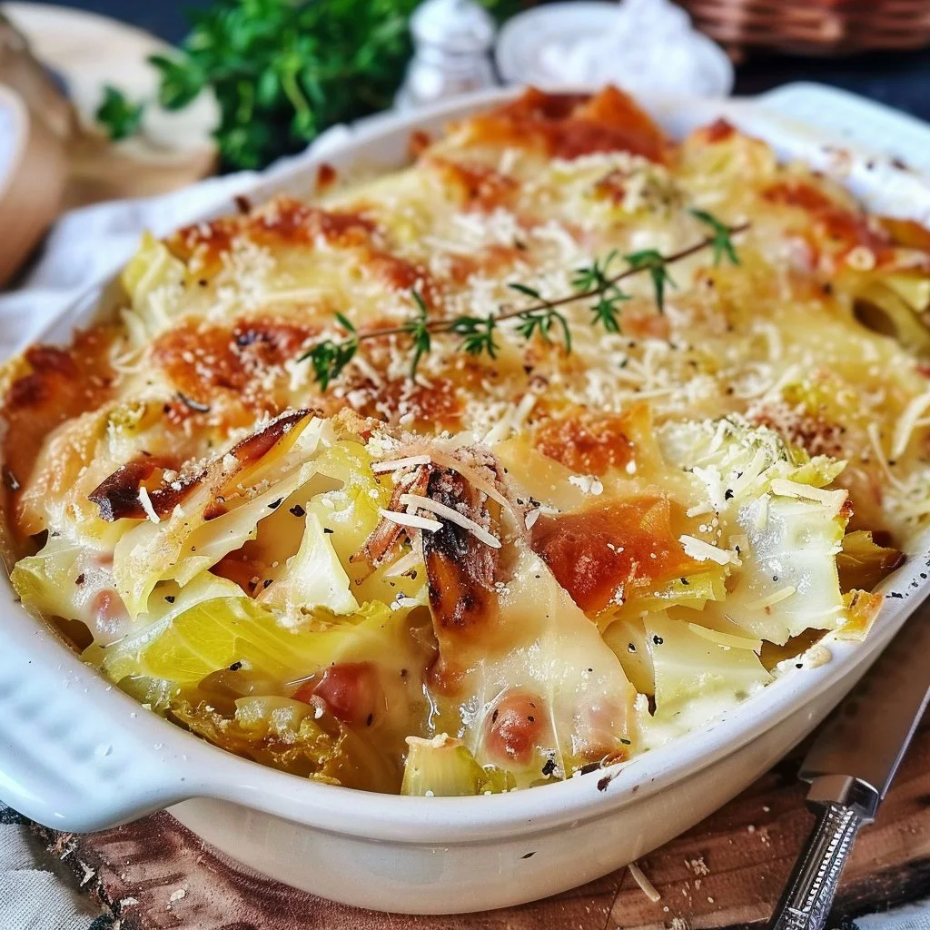Delicious Easy Cheesy Cabbage Au Gratin topped with melted cheese