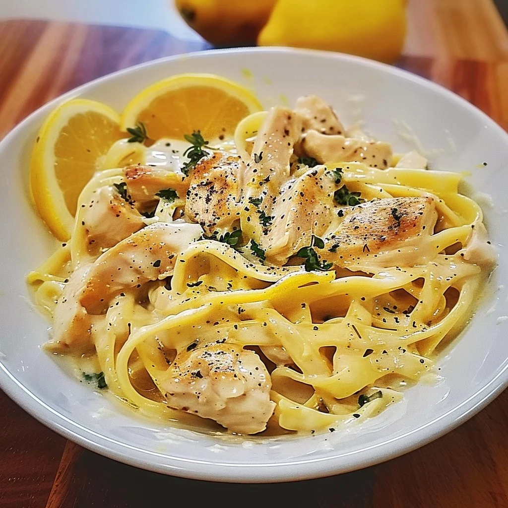 Delicious Easy Chicken Lemon Alfredo served on a plate with lemon slices.