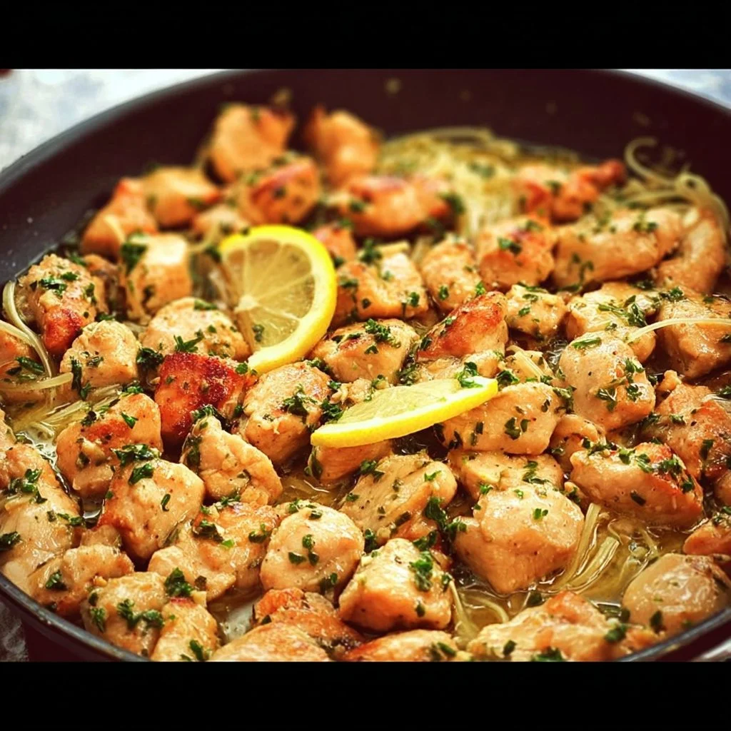 Delicious easy chicken scampi skillet served in a cast iron pan with parsley.