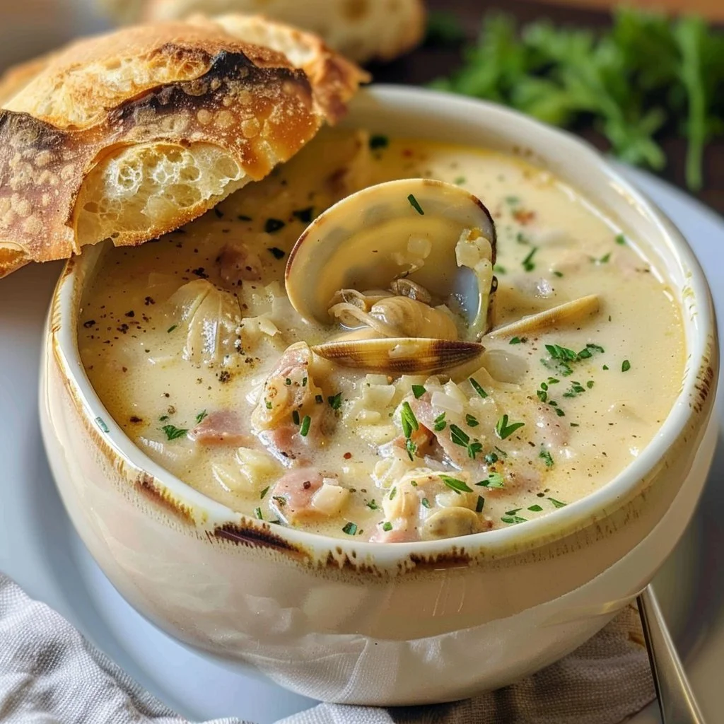 Bowl of easy clam chowder topped with fresh herbs and served with bread.
