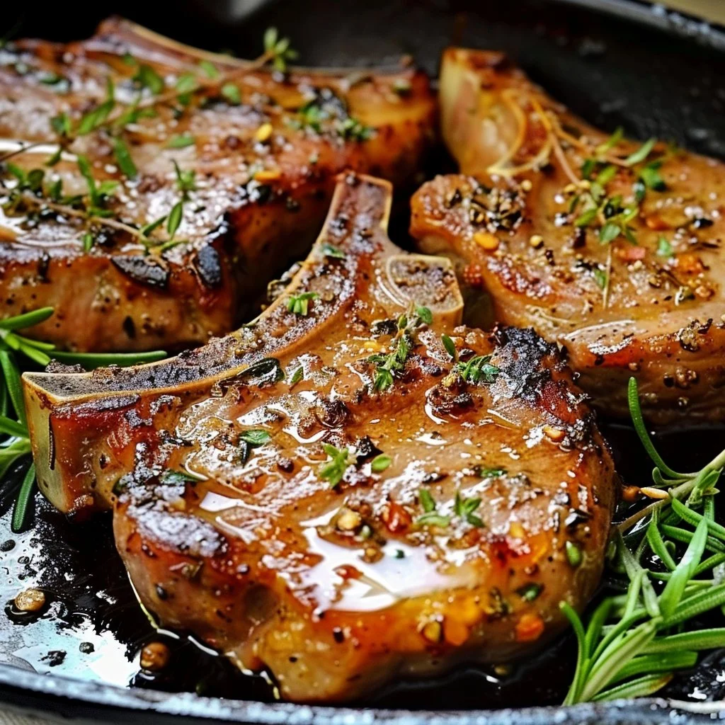 Delicious garlic butter pork chops garnished with fresh herbs on a plate.