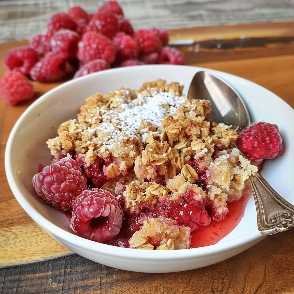 Delicious easy healthy raspberry crisp dessert topped with crunchy oats.