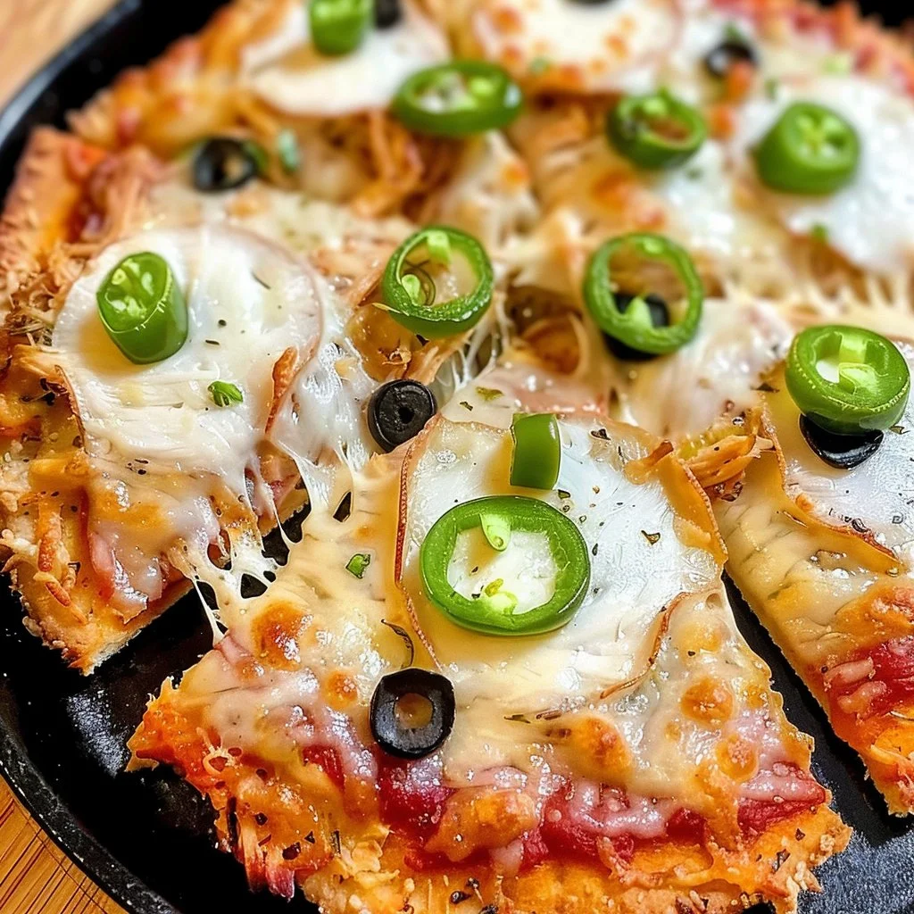 Easy high protein chicken pizza crust topped with fresh ingredients.