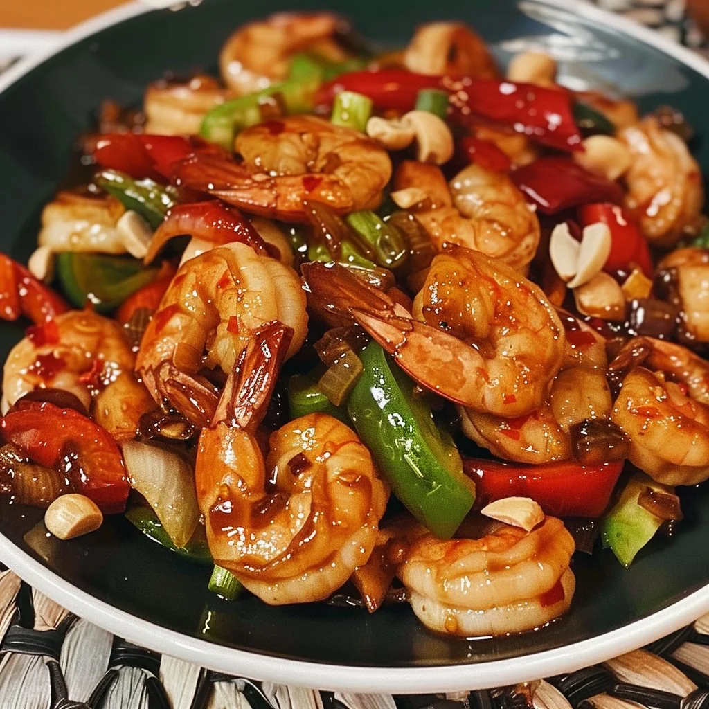 Easy Keto Kung Pao Shrimp served in a bowl with vegetables and peanuts