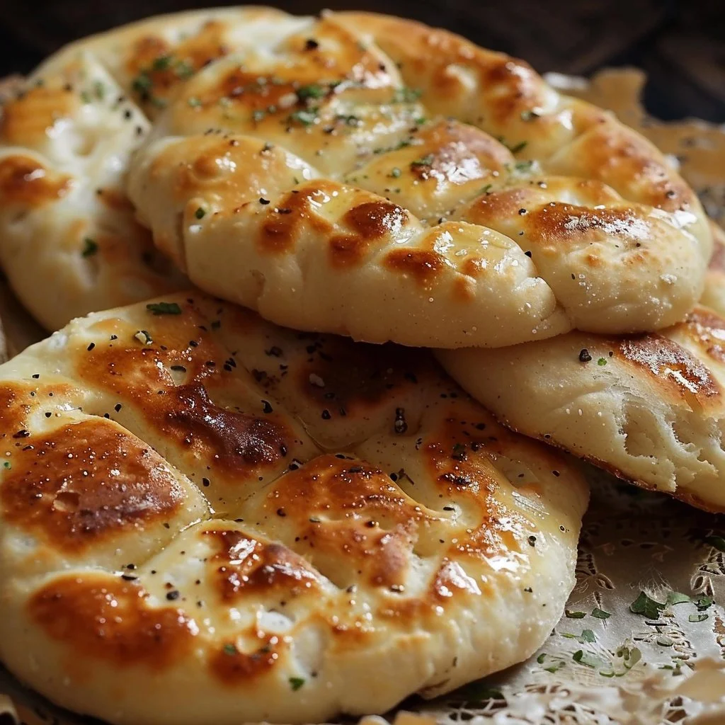 Homemade no-oven Turkish bread served on a wooden table