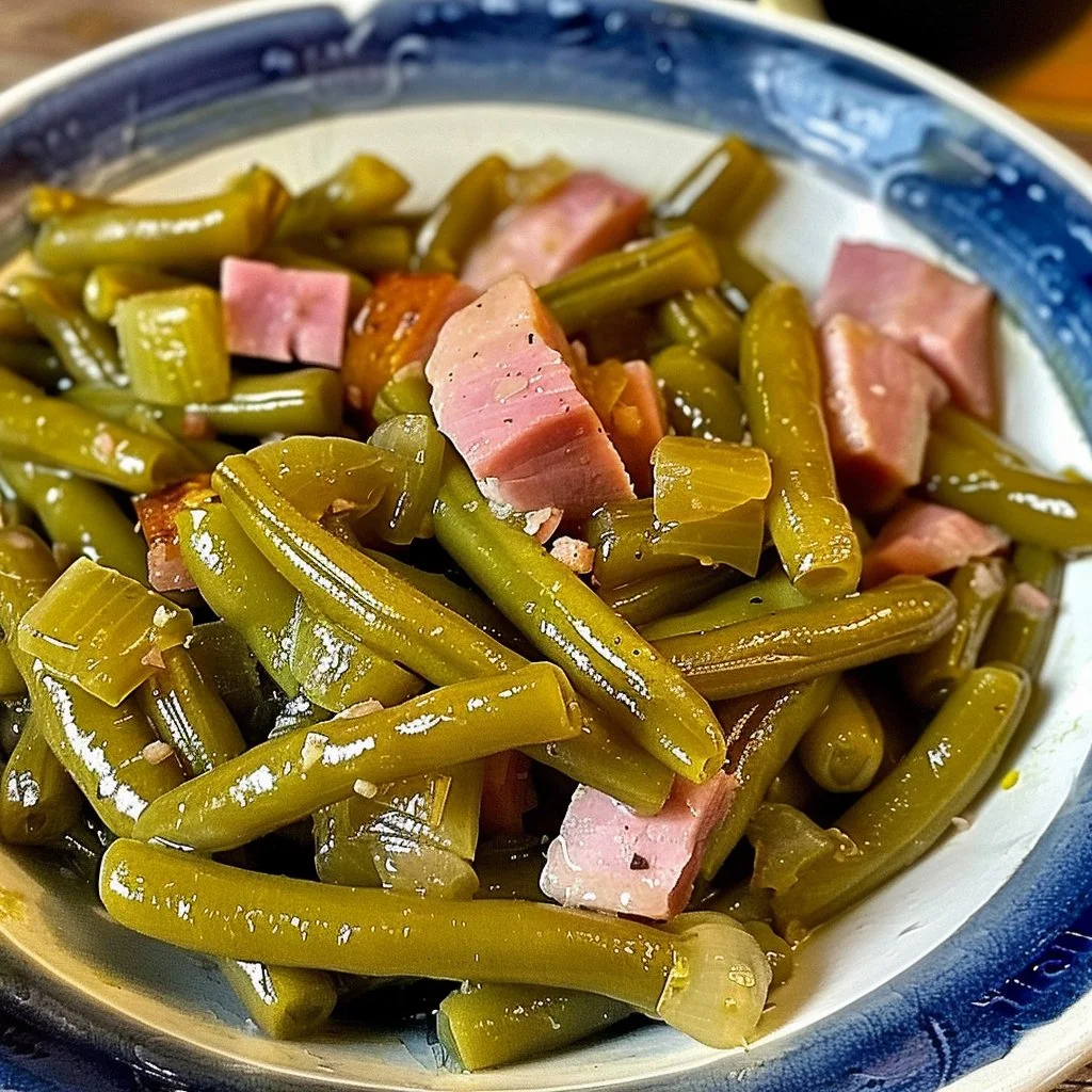 Delicious slow cooker green beans & ham served in a rustic dish