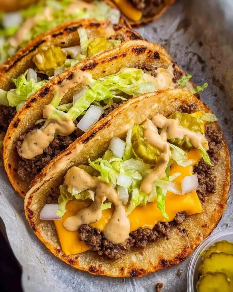 Delicious smash burger tacos served with toppings on a plate