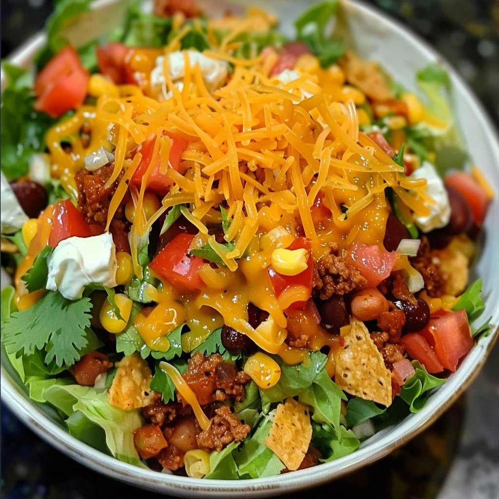 Delicious easy taco chili salad with vibrant ingredients and toppings