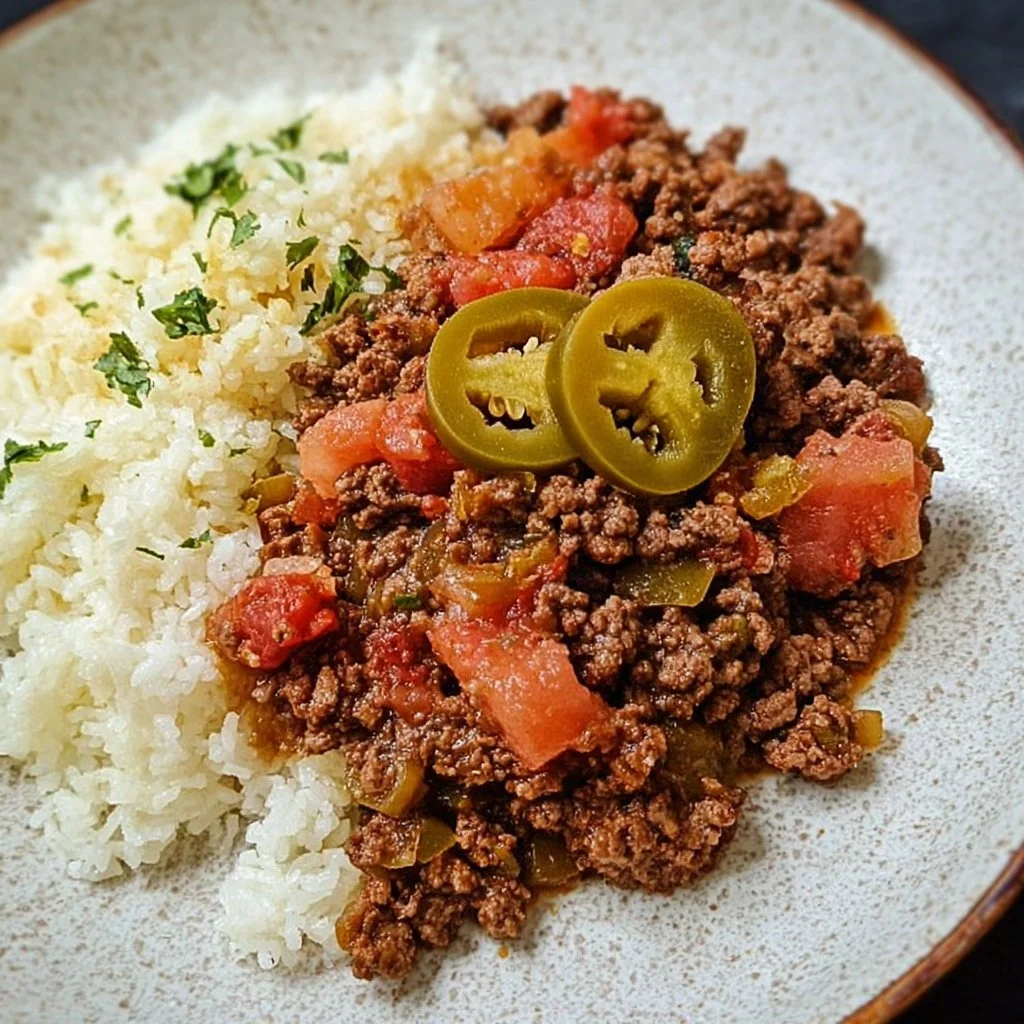 Delicious Cuban Picadillo served on a plate with rice and plantains.