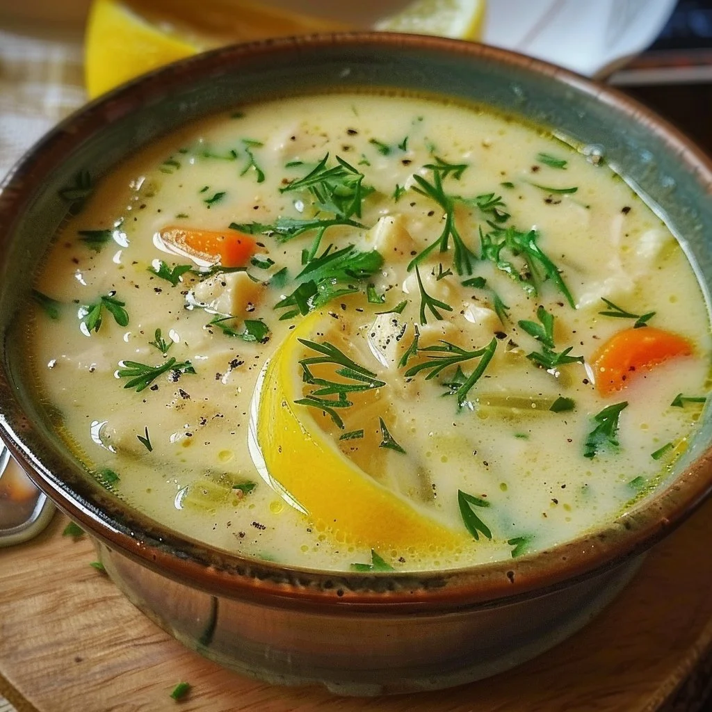 Bowl of delicious Egg-lemon Soup garnished with herbs