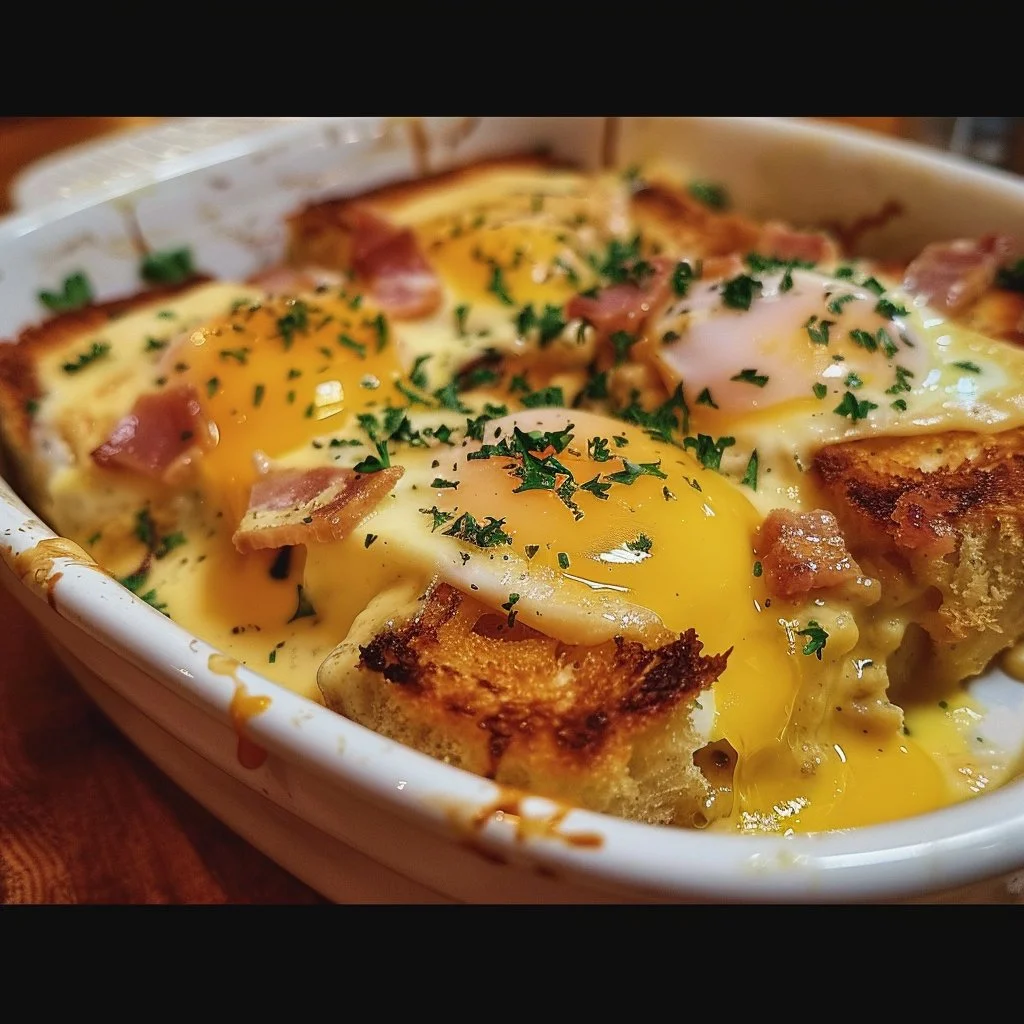 Delicious Eggs Benedict Casserole topped with hollandaise sauce and herbs