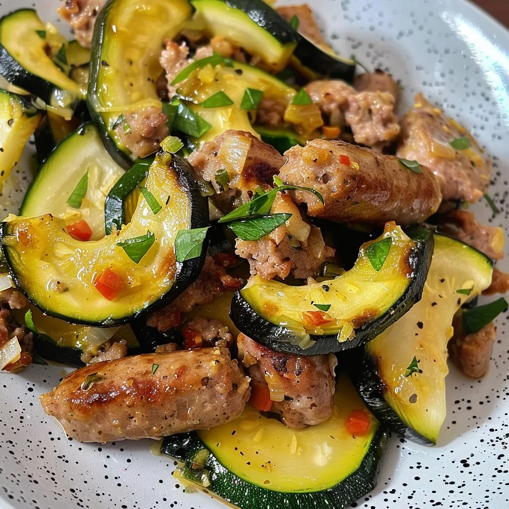 Delicious garlic butter zucchini with sausage in a serving dish
