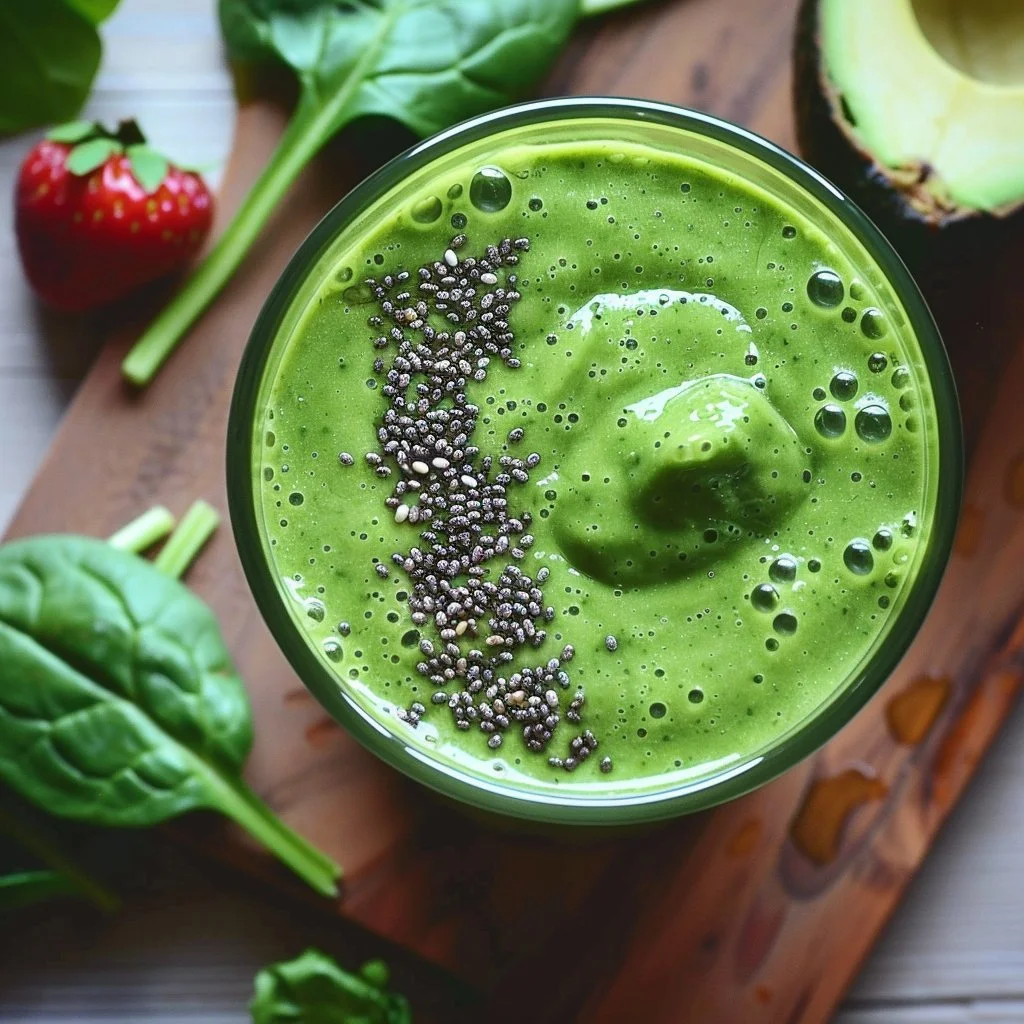 Healthy green detox smoothie made with spinach, kale, and fruits