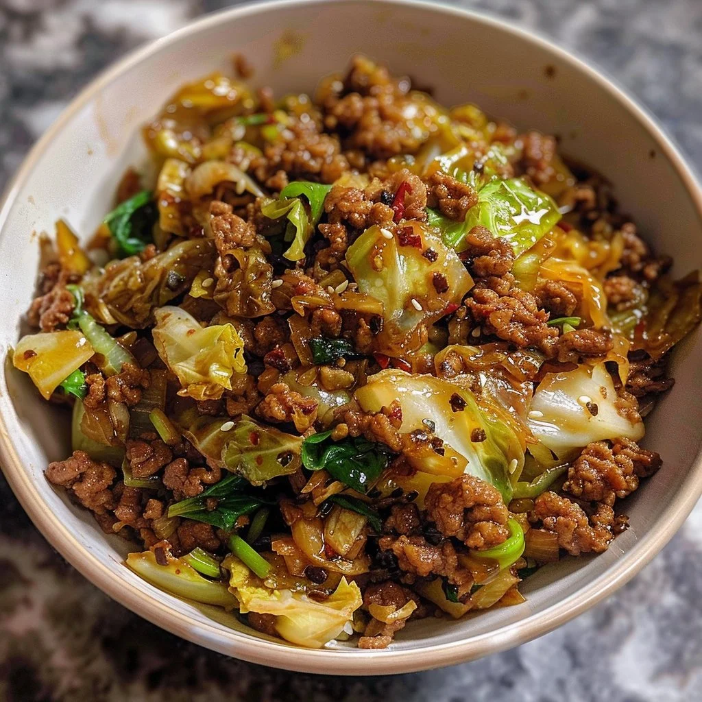 Ground beef and cabbage stir fry served in a bowl