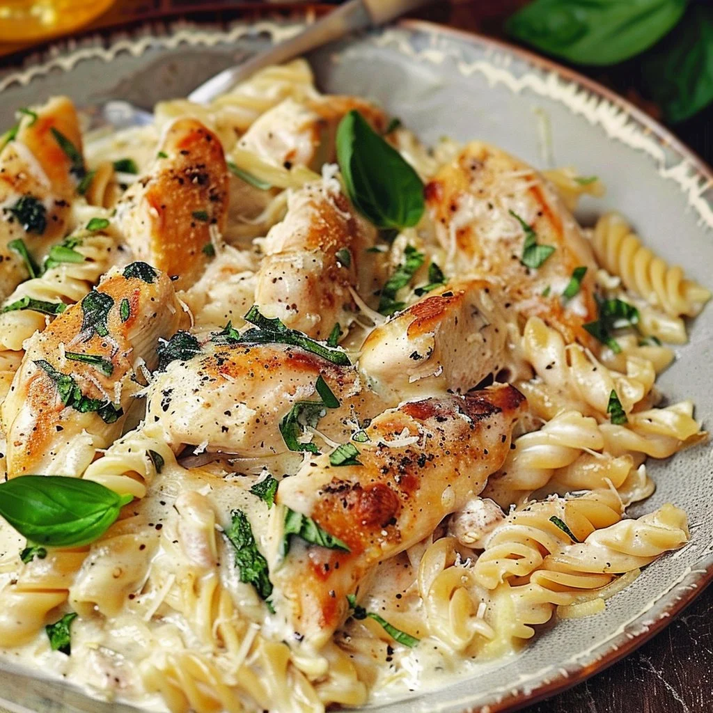 Healthy Caesar Chicken Pasta with grilled chicken and fresh romaine in a creamy dressing