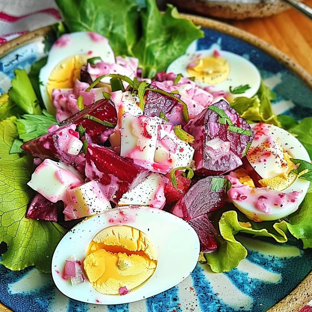 Delicious Keto Beets Egg Salad served in a bowl with fresh ingredients