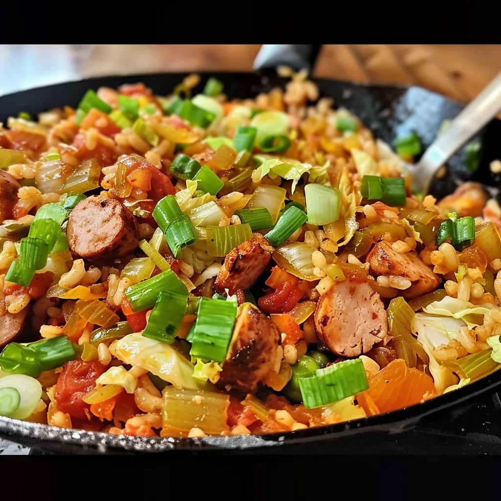 Keto Cajun Cabbage Jambalaya Skillet served in a colorful dish