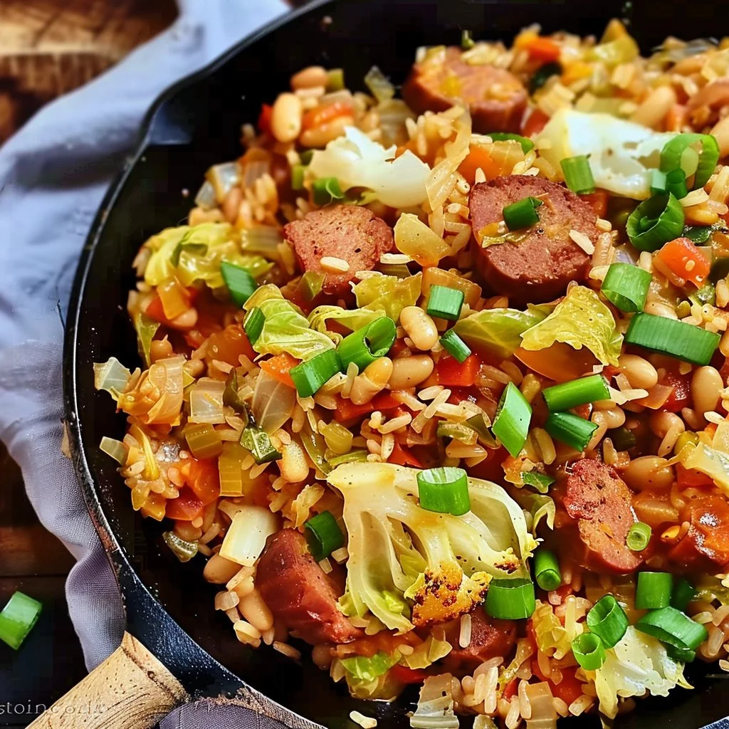 Keto Cajun Cabbage Jambalaya Skillet with vibrant vegetables and spices