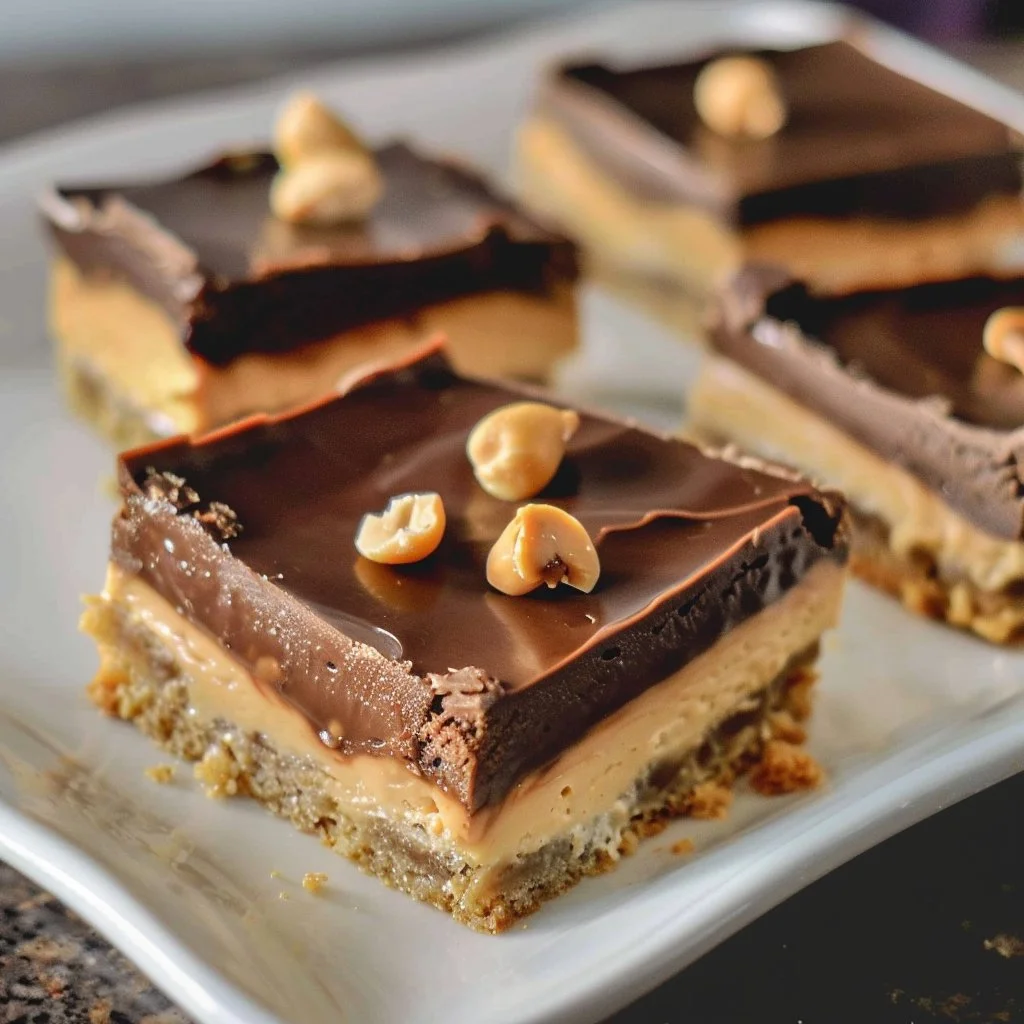 Delicious Keto Chocolate Peanut Butter Cheesecake Bars served on a plate