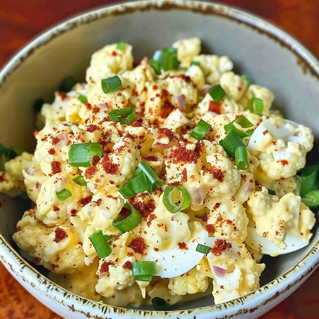 Keto deviled egg salad with cauliflower served in a bowl