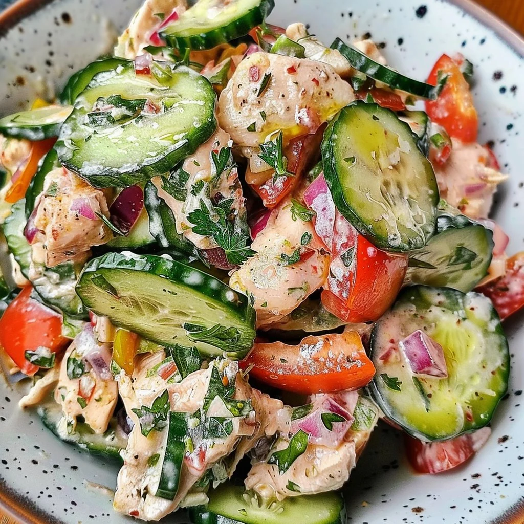 Keto Greek Chicken Salad with cucumbers, olives, and feta cheese.