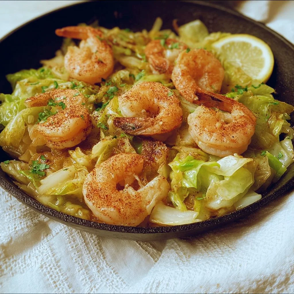 Lemon butter shrimp skillet with cabbage in a frying pan